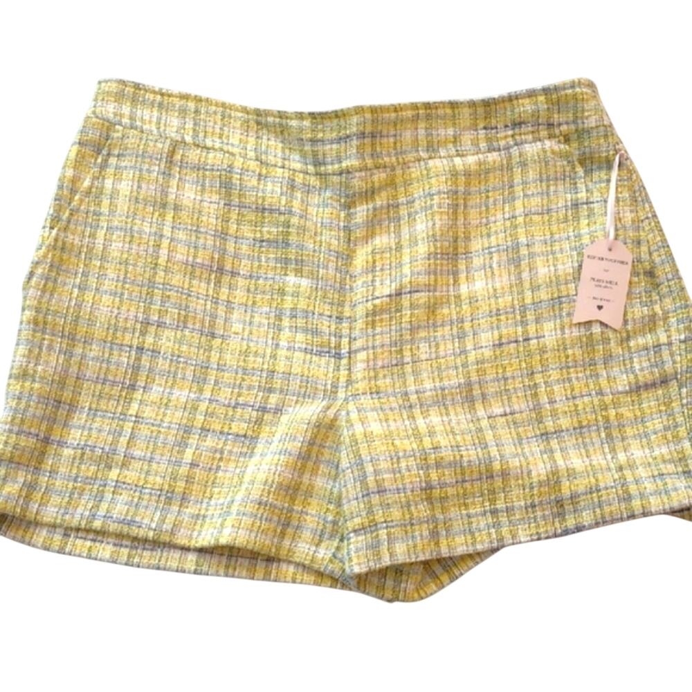 Maison d' Amelie Tweed Shorts Size Med. Yellow, Blue/Green Plaid Shorts